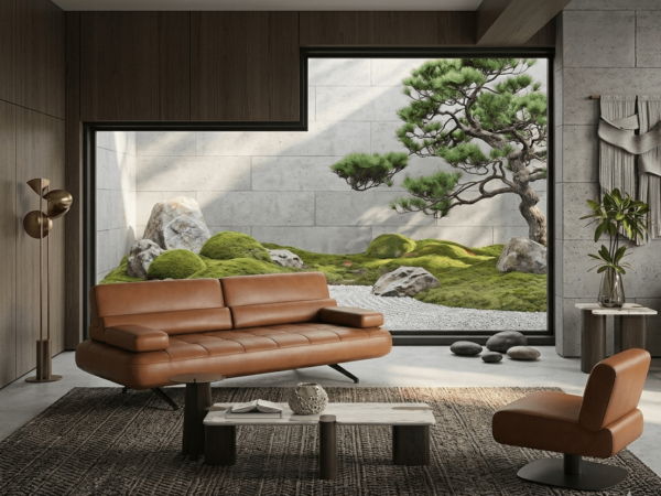 NOBU-trosed-u-braon-kozi-u-modernom-enterijeru-sa-foteljom-i-zen-vrtom