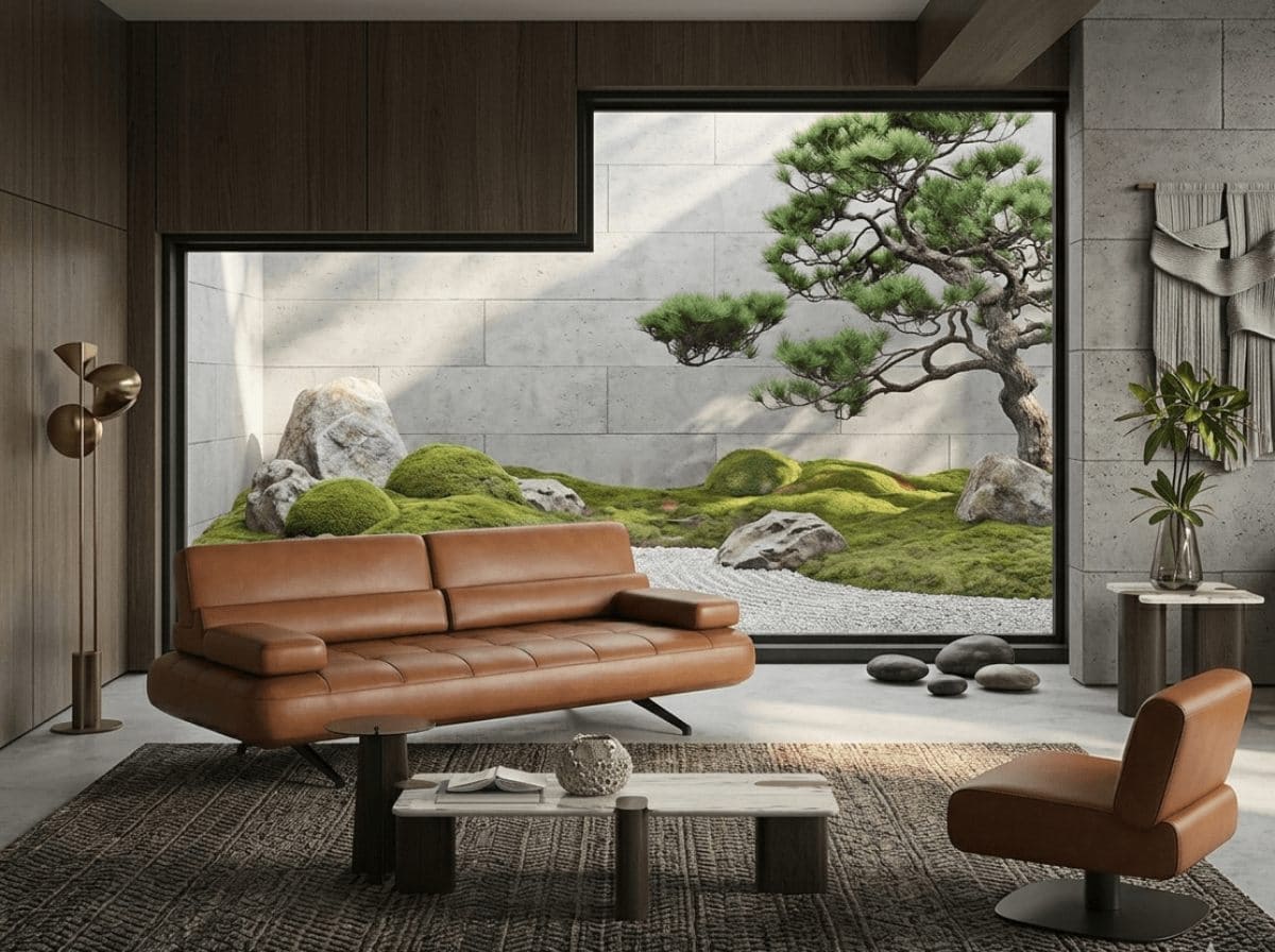 NOBU-trosed-u-braon-kozi-u-modernom-enterijeru-sa-foteljom-i-zen-vrtom